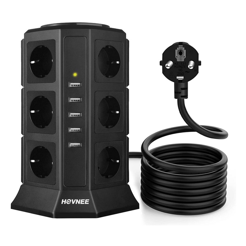 Tour Multiprises 12 Prises avec 5 USB 4,5A Ports - Cordon de 2m - Noir