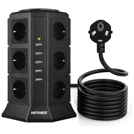 Tour Multiprises 12 Prises avec 5 USB 4,5A Ports - Cordon de 2m - Noir